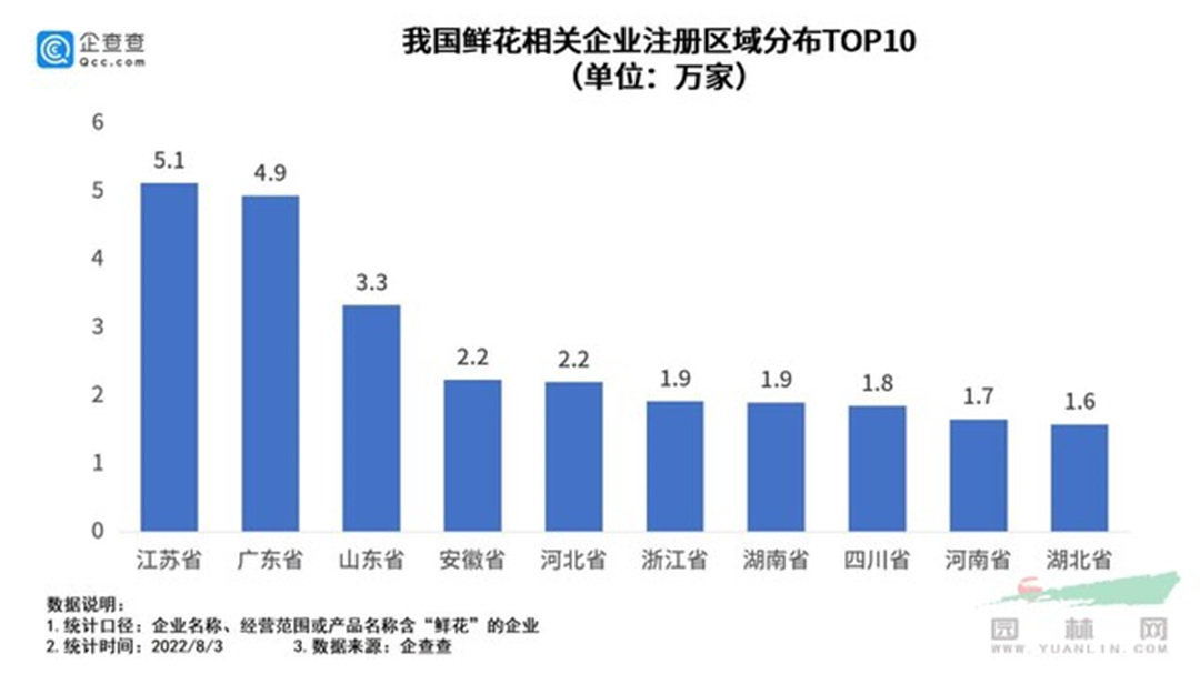 我國鮮花相關(guān)企業(yè)注冊區(qū)域分布top10